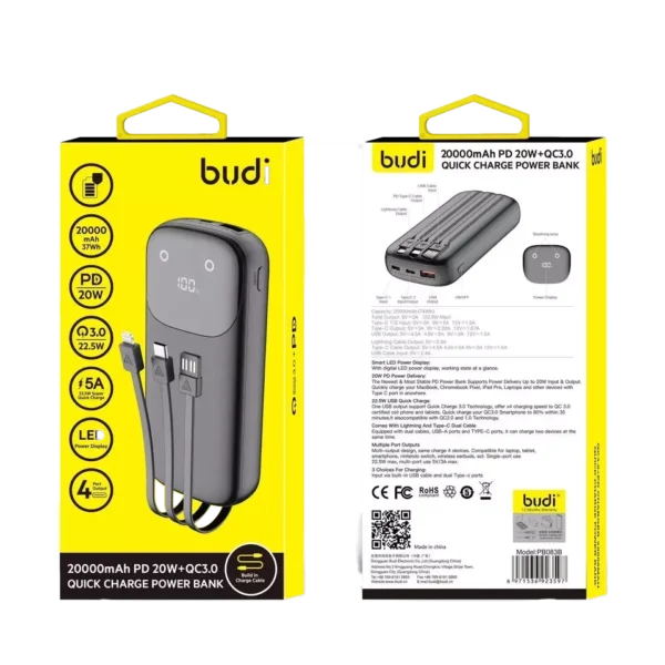 Budi 20000mAh PD 20W+QC3.0 Quick Charge Power Bank with Cables and Fast Charging