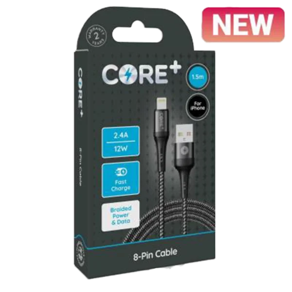 CORE+ 8-Pin Cable 1.5m Braided Grey 2.4A/12W Fast Charge