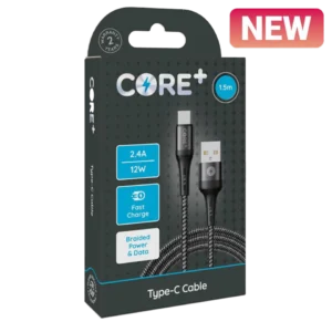 CORE+ Type-C Cable 1.5m Braided Grey 2.4A/12W Fast Charge