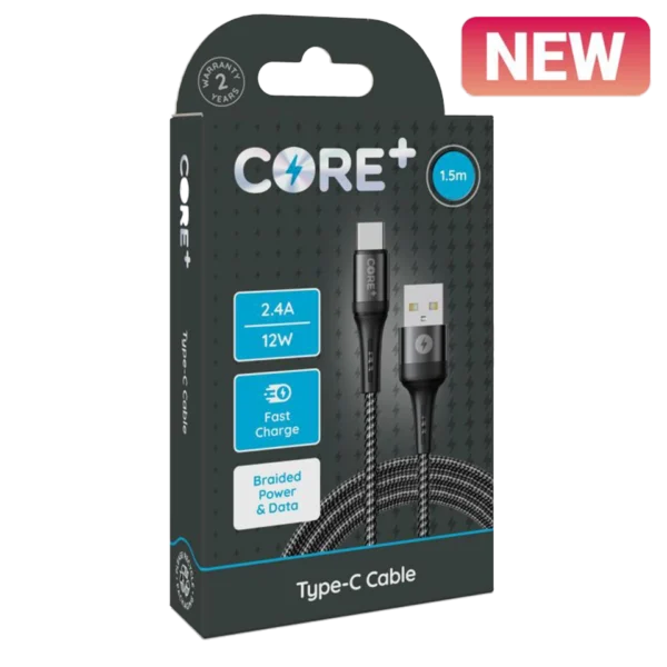 CORE+ Type-C Cable 1.5m Braided Grey 2.4A/12W Fast Charge