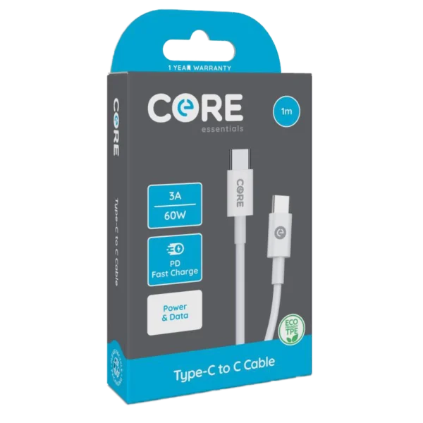 Core Type-C to C Cable 1m TPE White 3A/60w PD