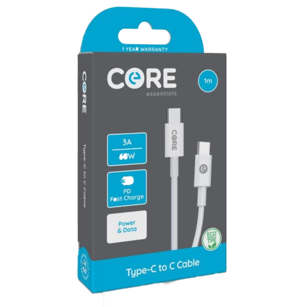 Core Type-C to C Cable 1m TPE White 3A/60w PD